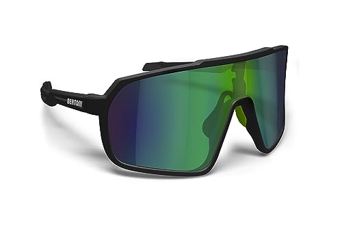 BERTONI Radfahren MTB Lauf Sportbrille für Männer Frauen in TR90 Antibeschlag Weitwinkelobjektiv mod. GEMINI (Matt Schwarz/Glänzendes Schwarz – Grüne Spiegellinse) von BERTONI