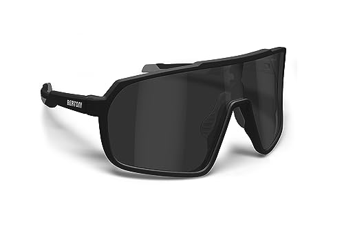 BERTONI Radfahren MTB Lauf Sportbrille für Männer Frauen in TR90 Antibeschlag Weitwinkelobjektiv mod. GEMINI (Matt Schwarz/Glänzendes Schwarz – Silberne Spiegellinse) von BERTONI