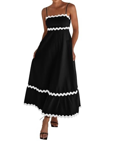 Women's Holiday Long Dress 2024 Summer Spaghetti Straps Sleeveless Wave Striped Backless Sundress Party Evening Dresses Flowy Smocked Swing A Line Midi Dress (Color : Black, Size : M) von BERULL