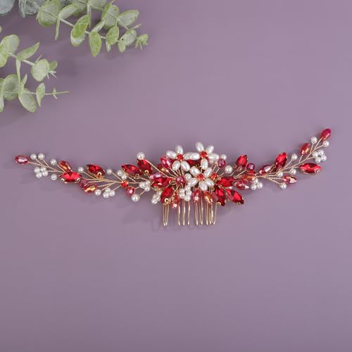 BERYUAN Braut Strass Perlen Haarkamm Blumen Perlen Strass Hochzeit Stirnband Kristall Strass Perlen Handgemachte Haarkamm für Hochzeit Braut Frauen (Rot) von BERYUAN