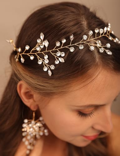 BERYUAN Frauen Kristall Strass Hochzeit Haar Rebe Gold Hochzeit Kopfschmuck Frauen Mädchen Braut Stirnband Gold Hochzeit Haarschmuck für Bräute Brautjungfer (Gold) von BERYUAN