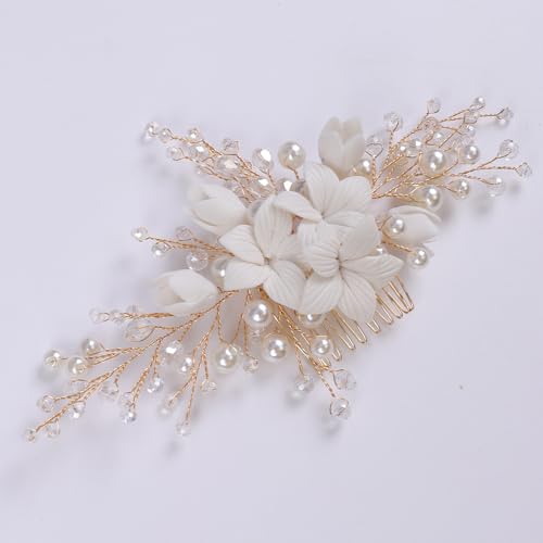 BERYUAN Frauen Mädchen Weiß Blumen Perlen Strass Haarkamm Perlen Strass Perlen Braut Stirnband Gold Strass Hochzeit Haarteil Perlen Hochzeit Stirnband für Mädchen (Gold) von BERYUAN