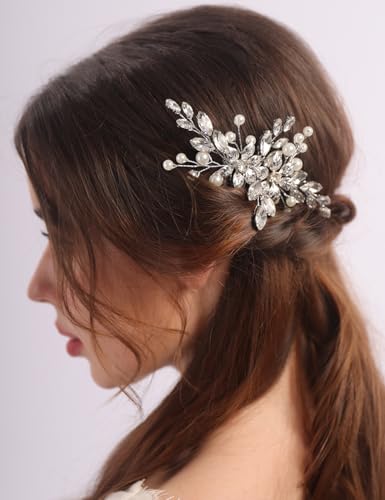 BERYUAN Perlen Strass Haarkamm Damen Mädchen Strass Kristall Blumen Haarkamm Silber Tropfen Strass Perlen Kopfschmuck Hochzeit Kopfschmuck für Frauen von BERYUAN