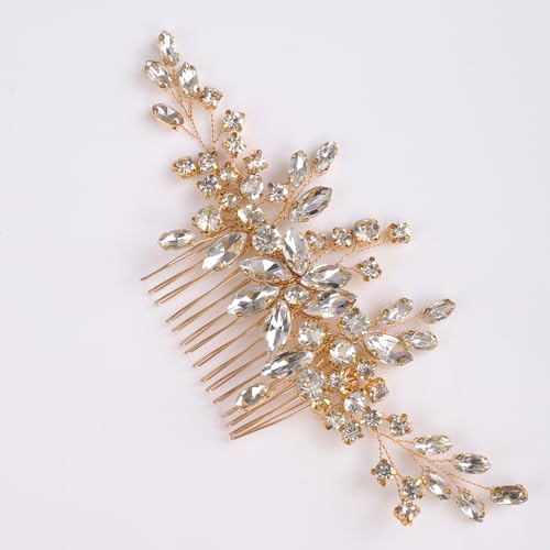 BERYUAN Strass Hochzeit Haarkamm Blume Kristall Strass Hochzeit Kopfschmuck Frauen Mädchen Gold Braut Haarteil Hochzeit Haarschmuck für Bräute Brautjungfer (Gold) von BERYUAN