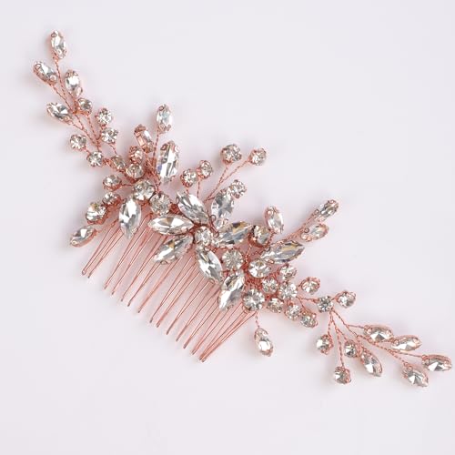 BERYUAN Strass Hochzeit Haarkamm Blume Kristall Strass Hochzeit Kopfschmuck Frauen Mädchen Rose Gold Braut Haarteil Hochzeit Haarschmuck für Bräute Brautjungfer (Roségold) von BERYUAN