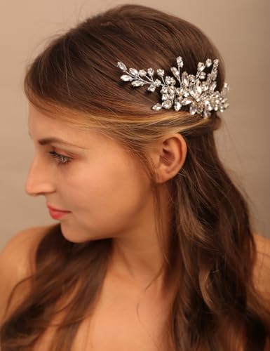 BERYUAN Strass Hochzeit Haarkamm Blume Kristall Strass Hochzeit Kopfschmuck Frauen Mädchen Silber Braut Haarteil Hochzeit Haarschmuck für Bräute Brautjungfer (Silber) von BERYUAN