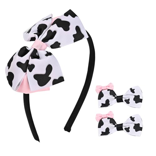 BESALECK Haarreifen mit Kuh-Aufdruck für Mädchen – niedliche Kinder-Haarbänder mit 2 austauschbaren Schleifenklammern mit Kuh-Druck, dünnes Stirnband, Zubehör für Kleinkinder, Schwarz und Weiß, von BESALECK