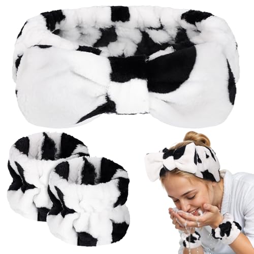 BESARME 3-teiliges Gesichtswasch-Stirnband und Armband-Set, Spa-Stirnband, Make-up, Hautpflege, Stirnbänder zum Waschen des Gesichts, Handtuch-Stirnband für Damen, Hautpflege (Kuhfarbe) von BESARME