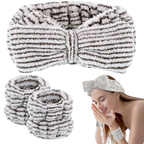 BESARME 3-teiliges Gesichtswasch-Stirnband und Armband-Set, Spa-Stirnband, Make-up, Hautpflege, Stirnbänder zum Waschen des Gesichts, Handtuch-Stirnband für Damen, Hautpflege (Streifenfarbe) von BESARME