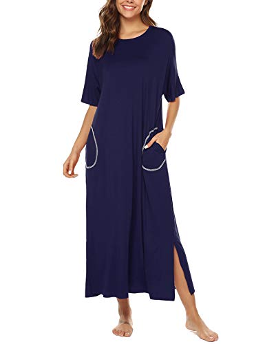 BESDEL 100% Baumwolle Strick Langarm Nachthemd für Frauen Ganzkörperansicht Schlaf Kleid Navy Blue XL von BESDEL