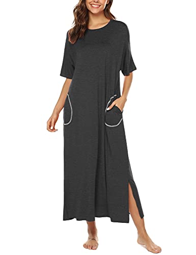 BESDEL Cotton Knit Short Sleeve Nachthemd für Frauen Ganzkörperansicht Schlafkleid mit Taschen Dunkelgrau XXL von BESDEL