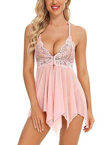 BESDEL Damen Dessous Babydoll Spitze Nachthemd Mesh Chemise Boudoir Nachthemd Pink XXL von BESDEL