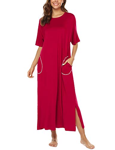 BESDEL Damen Langes Nachthemd Baumwolle Loose Plus Nachthemd Taschen In voller Länge Loungewear Schlafkleid Rot Mittel von BESDEL