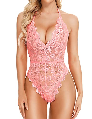 BESDEL Damen One Piece Dessous Spitze Body Deep V Teddy Mini Babydoll Rosa 4XL von BESDEL