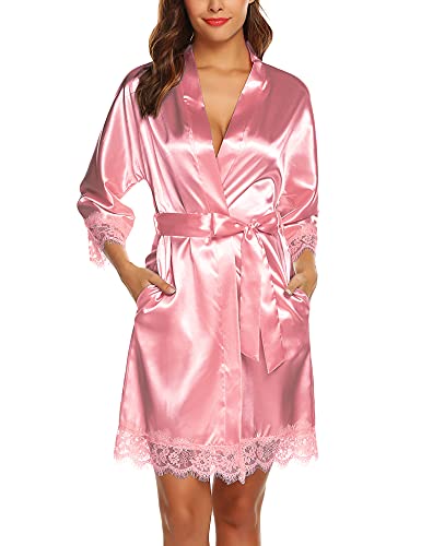 BESDEL Damen Satin Kimono Robe Kurze Reine Farbe Braut Nachthemd Morgenmantel Pfirsich XS von BESDEL