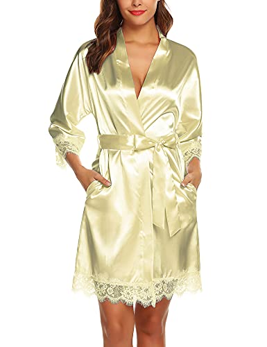 BESDEL Damen Satin Morgenmäntel Lange Kimono Robe Kurze Reine Farbe Braut Nachthemd Gold XL von BESDEL