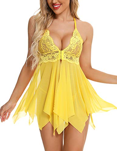 BESDEL Damen Spitze Dessous Babydoll Sexy Chemise Exotische Nachthemden Braut Nachthemd Gelb 4XL von BESDEL