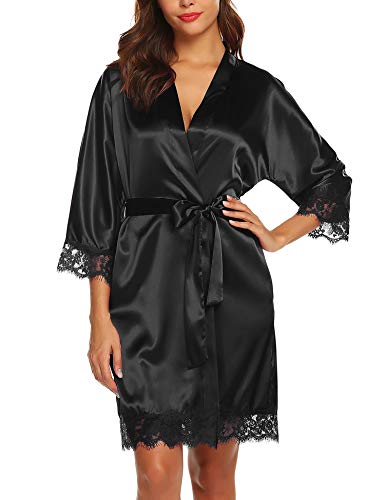 BESDEL Damenbademäntel Kurze Kimono-Robe Brautjungfern Satin Nachtwäsche Über Scharfe Länge Schwarz S von BESDEL