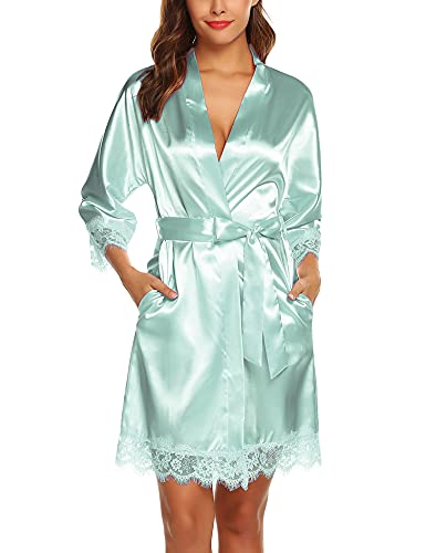 BESDEL Frauen Brautkleid Satin Kimono Robe Kurze Reine Farbe Braut Nachthemd Mint Green XS von BESDEL