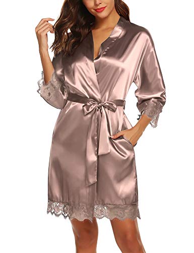 BESDEL Frauen Hochzeitskleid Satin Kimono Robe Kurze Reine Farbe Braut Nachthemd Taupe XXL von BESDEL