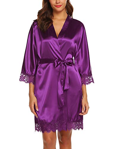 BESDEL Frauen Sexy Bademantel Kimono Roben Morgenmantel Satin Bademantel Nachthemd Lila XS von BESDEL