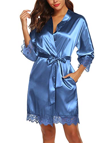 BESDEL Frauen Sexy BademantelKimono Roben Bademantel Satin Bademantel Nachthemd Blau XL von BESDEL