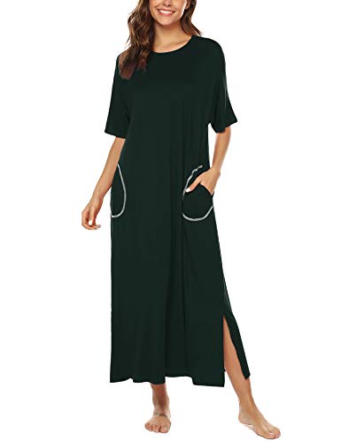 BESDEL Langes Nachthemd, Damen-Loungewear Kurzarm-Nachtwäsche Ganzkörper-Schlafhemd mit Taschen Dunkelgrün L von BESDEL