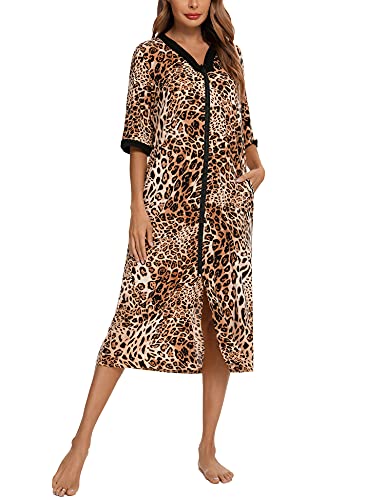 BESDEL Leopard Loungewear Langes Nachthemd Ultra-Soft-Nachthemd für Damen in voller Länge mit Pocket Brown Leopard XXL von BESDEL