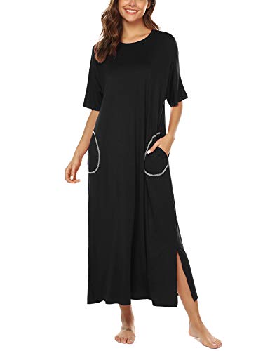 BESDEL Loungewear Damen Langes Nachthemd Baumwollstrick Kurzarm Nachthemd mit Taschen Schwarz XL von BESDEL