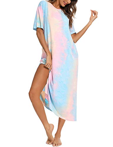 BESDEL Loungewear Long Nightgown Damen Ultra-Soft Tie Dye Nachthemd Nachtwäsche in voller Länge mit Tasche TD LPurple S von BESDEL