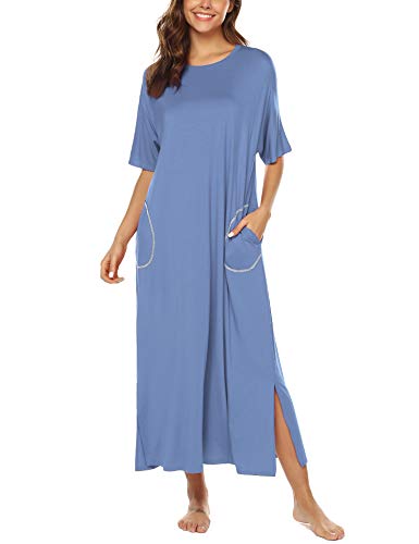 BESDEL Nachthemd, Damen Rundrund/V-Ausschnitt Loungewear Übergroßer Pyjama Lose Taschen Langes Schlafkleid Himmelblau XXL von BESDEL