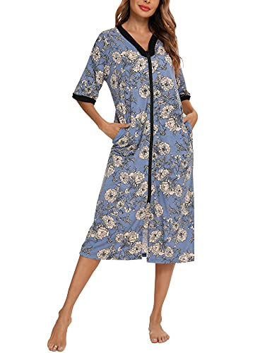 BESDEL Schlafkleid für Frauen Blumen Nachthemd Langes Reißverschluss Haus Robe Halbarm Nachthemd Bequeme Nachtwäsche Print Loungewear Floral Blue S. von BESDEL