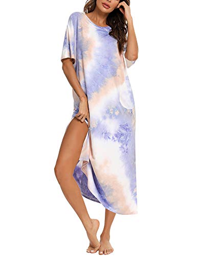 BESDEL Tie Dye Langes Nachthemd, Damen-Loungewear Kurzarm-Nachtwäsche Langes Schlafhemd mit Taschen TD-FPU XL von BESDEL