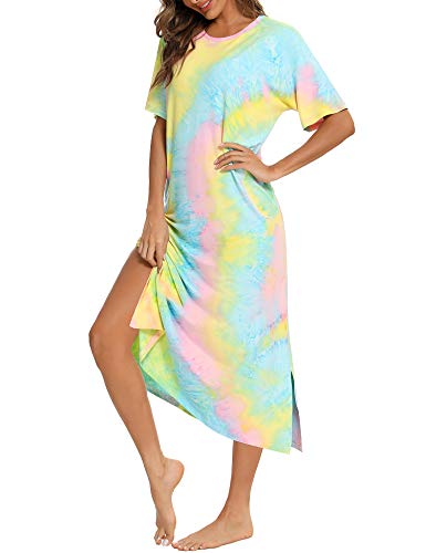 BESDEL Womens Tie Dye Nachtshirt Langarm Nachthemd, Lässige Nachtwäsche aus Baumwolle Henley Schlafkleid in voller Länge TD-YP M von BESDEL