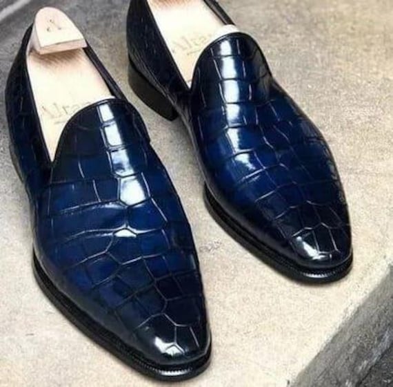 Maßgeschneiderte Schuhe Machen Handgefertigte Herren Blau Krokodil-Print Leder Slip On Formelle von BESPOKESHOEMAKING