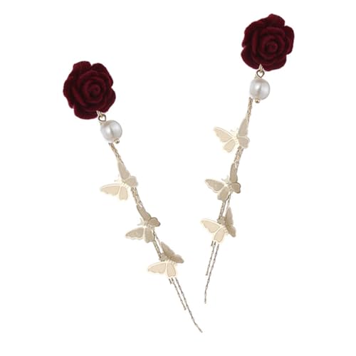 BESPORTBLE 1 Paar Retro rote Blumenohrringe Ohrhänger mit Schmetterlings-Quasten Ohrhänger aus Metall mit Schmetterlingsquasten Ohr baumeln Tropfenohrringe Legierung von BESPORTBLE