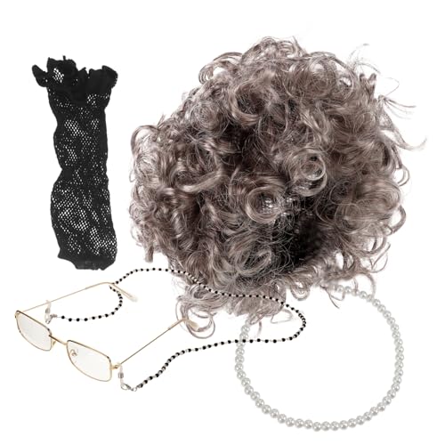 BESPORTBLE Perücken-set Für Alte Damen Mit Brille Und Halskette Kostüm-requisiten Für Frauen Graue Perücke Großmutter-kostüm-accessoires von BESPORTBLE