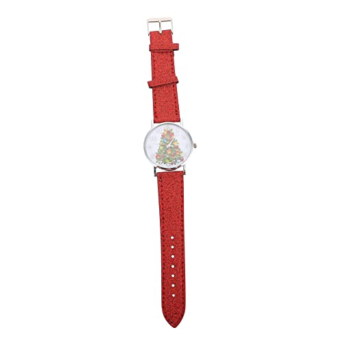 BESPORTBLE Feminine Weihnachtsuhr Mit Rotes Lederarmband Stilvolle Damen-Armbanduhr Mit Weihnachtsbaum-Muster Für Studentinnen Und Alltag Präzise Quartz-Uhr von BESPORTBLE