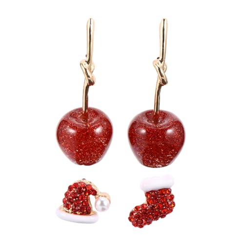 BESPORTBLE 2 Paar Sterling Silber Weihnachts Ohrringe Ohrstecker mit Funkelnden Kristallen Weihnachtliche Motive Mütze Socke Kirsche Ohrschmuck für Damen Hautfreundlich und Sicher von BESPORTBLE