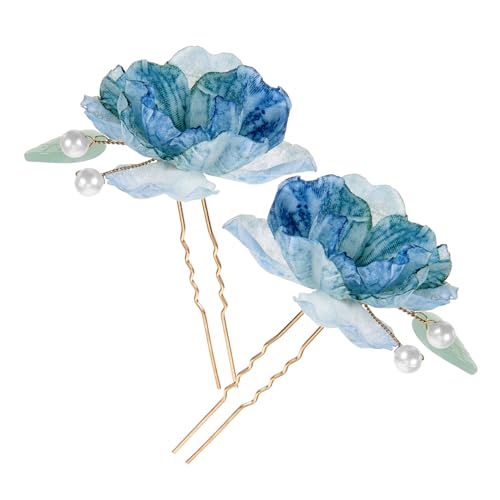 BESPORTBLE 2 Stück Blaue Blumenhaargabelkopfschmuck Haarnadeln für die Braut Haarschmuck für die Braut Blumenkopfschmuck Braut Haarschmuck Hochzeit Haarspange Brautkopfbedeckung Stoff von BESPORTBLE
