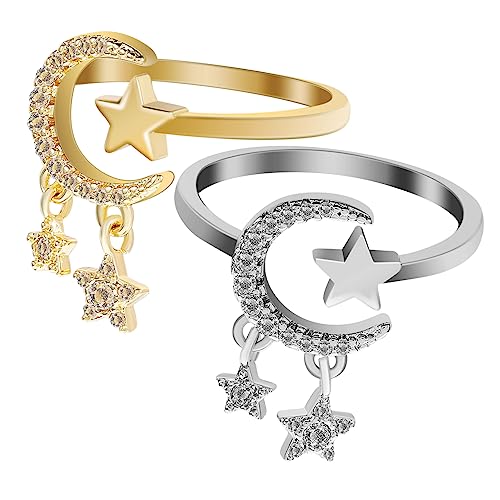 BESPORTBLE 2 Stück Verstellbare Ringe Damen Stern Design mit Glitzer Zirkonia Finger Ringe für Frauen Stapelbare Offene Vintage Schmuck für Besondere Anlässe von BESPORTBLE