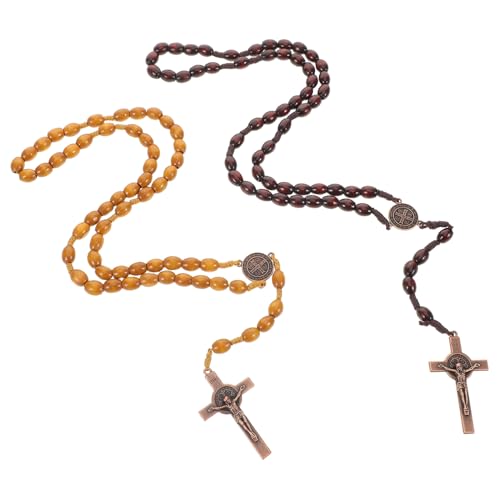 BESPORTBLE 2-teilige Rosenkranz-kreuz-halskette: Handgefertigte Rosenkranzperlen Aus Holz Mit Kruzifix-anhänger – Katholische Gebetsperlen Für Männer Und Frauen – Religiöse von BESPORTBLE