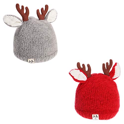 BESPORTBLE 2Pcs Kind Stricken Mütze Rentier Geweih Mütze Hüte Entzückende Warme Wintermütze Weihnachtskostüm Geburtstagsgeschenk für Kind Kleinkind Jungen M?dchen (Rot Grau) von BESPORTBLE