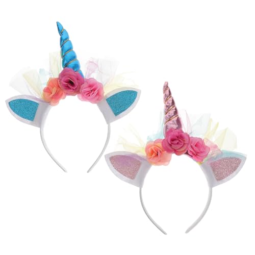 BESPORTBLE 2stücke Einhorn Haarband Mit Netz Und Blumendekor Bequemer Stoffumwicklung Für Mädchen Party-kopfschmuck Für Bankette Und Tanzveranstaltungen von BESPORTBLE