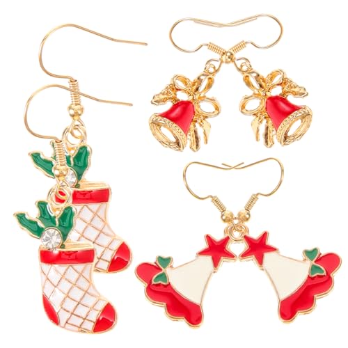 BESPORTBLE 3 Paare Weihnachts Ohrringe Damen Weihnachtsbaum Weihnachtsmütze und Glocke Anhänger Niedliche Dangle Drop Ohrringe für Xmas Party Alltag und Festliche Anlässe von BESPORTBLE