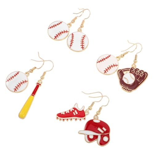 BESPORTBLE 4 Paar Cartoon Baseball Ohrringe Damen Baseball und Softball Designs Leichte Langlebige Sport Ohrhänger mit Baseballschläger und Mützen Anhängern für Frauen und Teens von BESPORTBLE