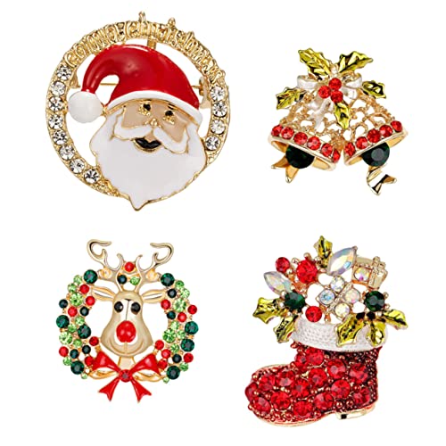 BESPORTBLE 4Stücke Weihnachtliches Broschen Strass Glocke Weihnachtsstiefel und Santa Kopf Leuchtende Anstecker für Festliche Kleidung und von BESPORTBLE