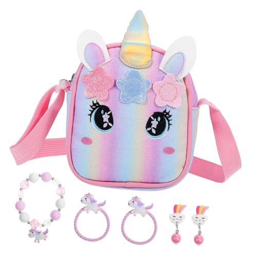 BESPORTBLE Bunte Einhorn Crossbody Bag mit Gesticktem Regenbogenmotiv Kleines PU Portemonnaie und Passendes Kinderarmband Langlebiges Geschenkset für Mädchen zu Geburtstag und Alltag von BESPORTBLE