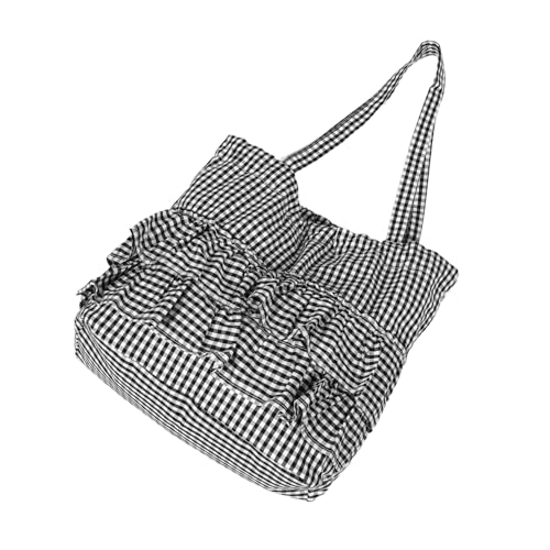 BESPORTBLE Checkered Canvas Tote Bag Große Kapazität Rüschen Verzierter Schulterbeutel Langlebiges Segeltuch Casual Boho Shopper Für Damen Arbeit Schule Urlaub Schwarz von BESPORTBLE
