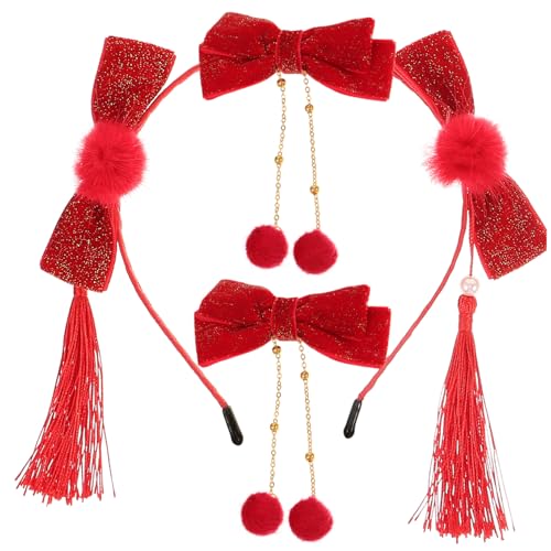 BESPORTBLE Chinesischer Stil Haarschmuck Mit Fellbällen Schleifen Und Quasten Stirnband Und Haarspangen Für Mädchen Zum Frühlingsfest Und Party von BESPORTBLE